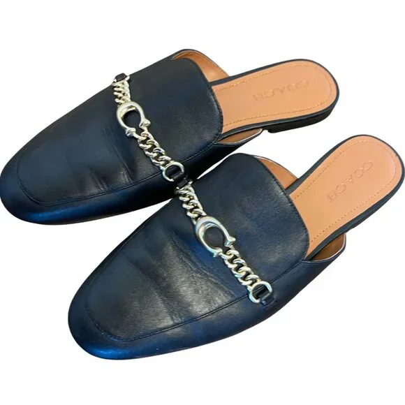 Coach Leather Chain Mules Slip-On Loafers Black Leather Size 9 - Picture 3 of 5
